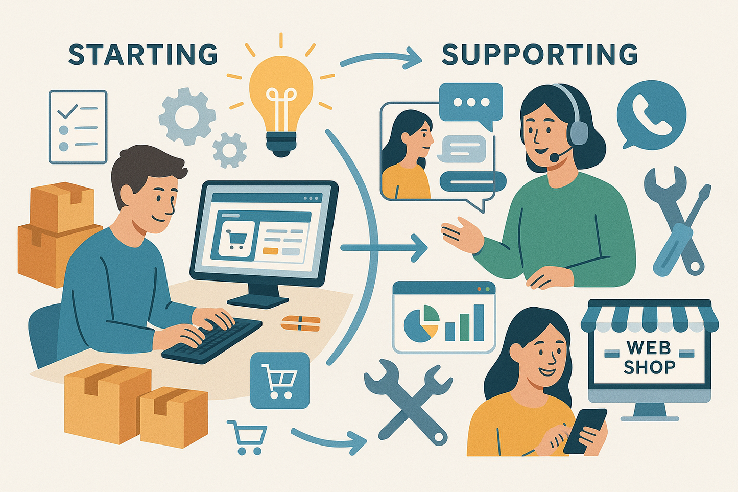 An image that describes start and support of a webshop.
